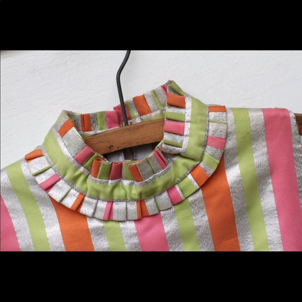 Circus Stripes Silver Mini-Dress Vintage 1960s Sleeveless Shift Ruffle Collar xs - Picture 3 of 4